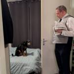 Een hond die afscheid neemt van zijn overleden baasje tijdens een uitvaart in regio Rhenen.